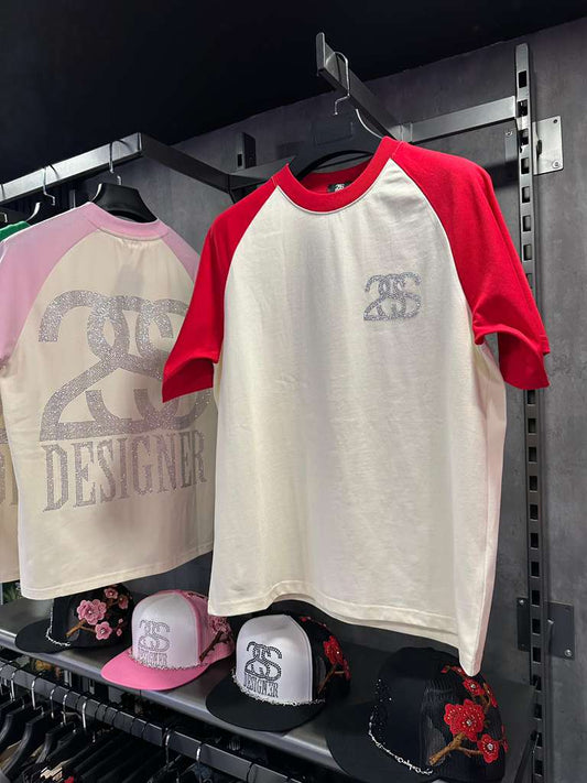 2SS DESIGNER “Ice Logo” Rhinestone Raglan Tee – red/White