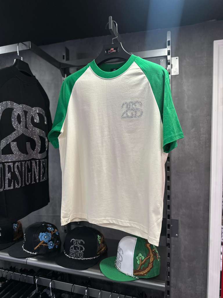 2SS DESIGNER “Ice Logo” Rhinestone Raglan Tee – Green/Off-White