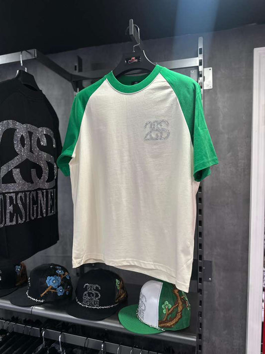 2SS DESIGNER “Ice Logo” Rhinestone Raglan Tee – Green/Off-White