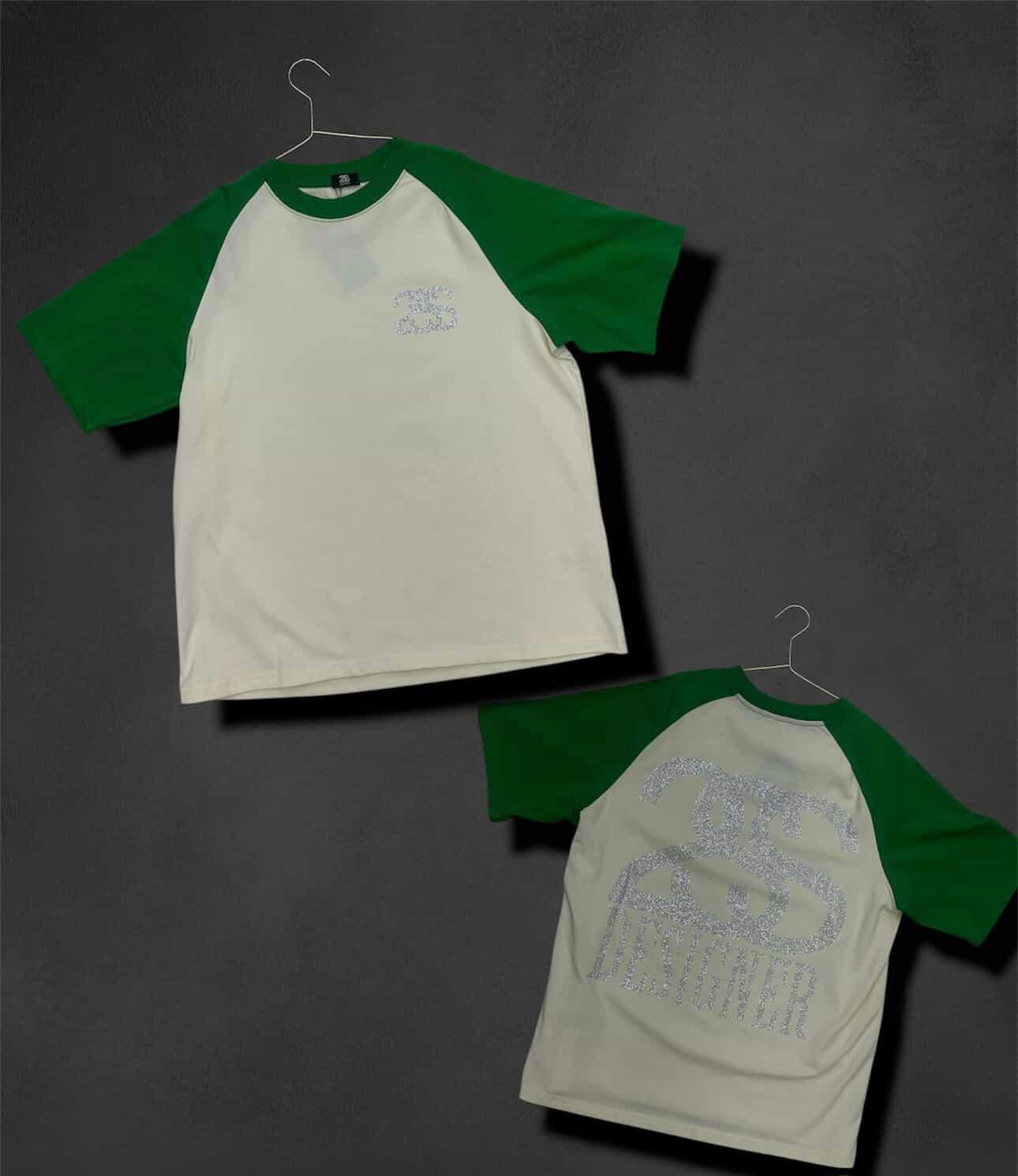 2SS DESIGNER “Ice Logo” Rhinestone Raglan Tee – Green/Off-White
