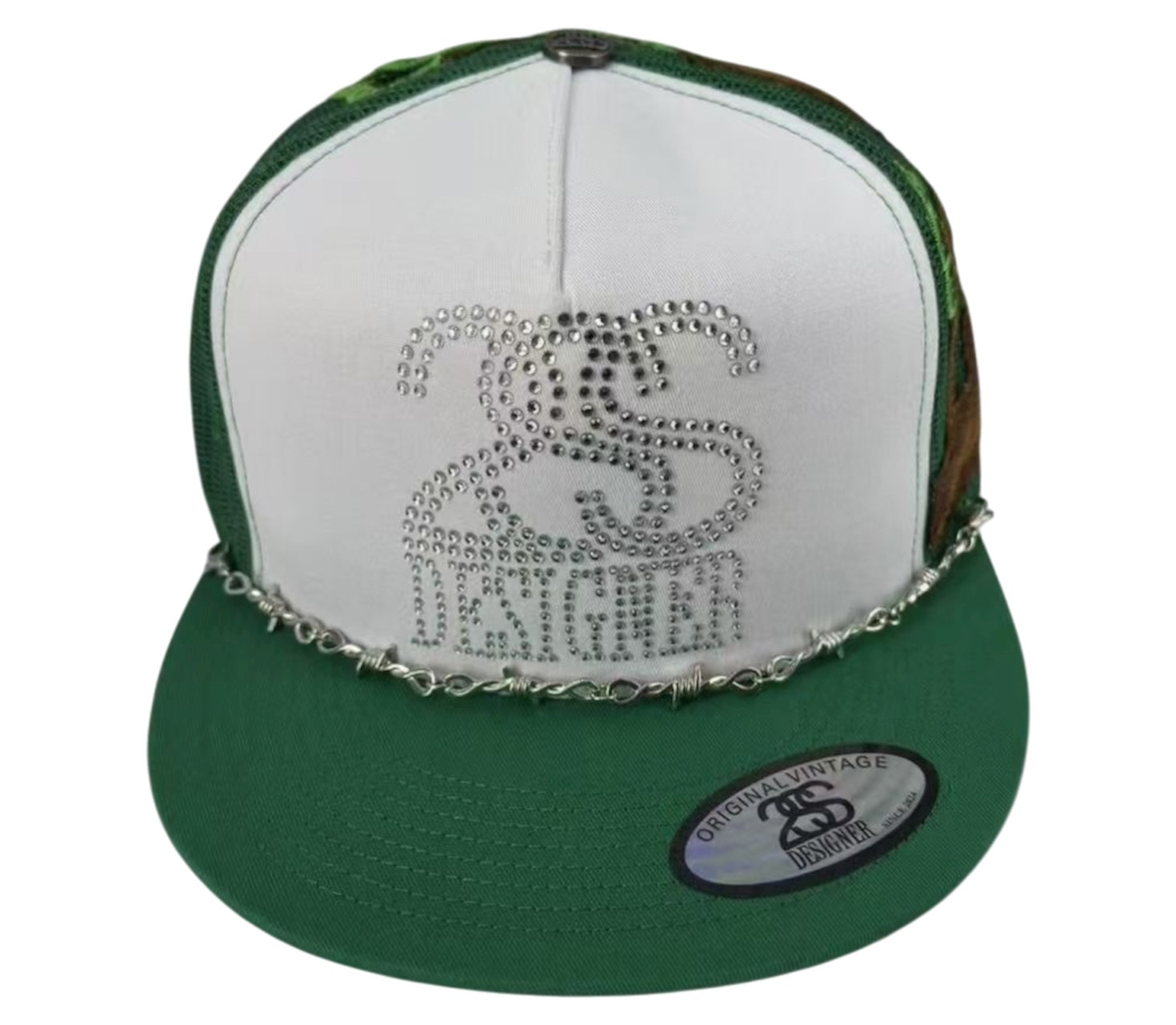 2SS DESIGNER “Ice Link” Rhinestone Trucker Hat – Green/White Limited Edition