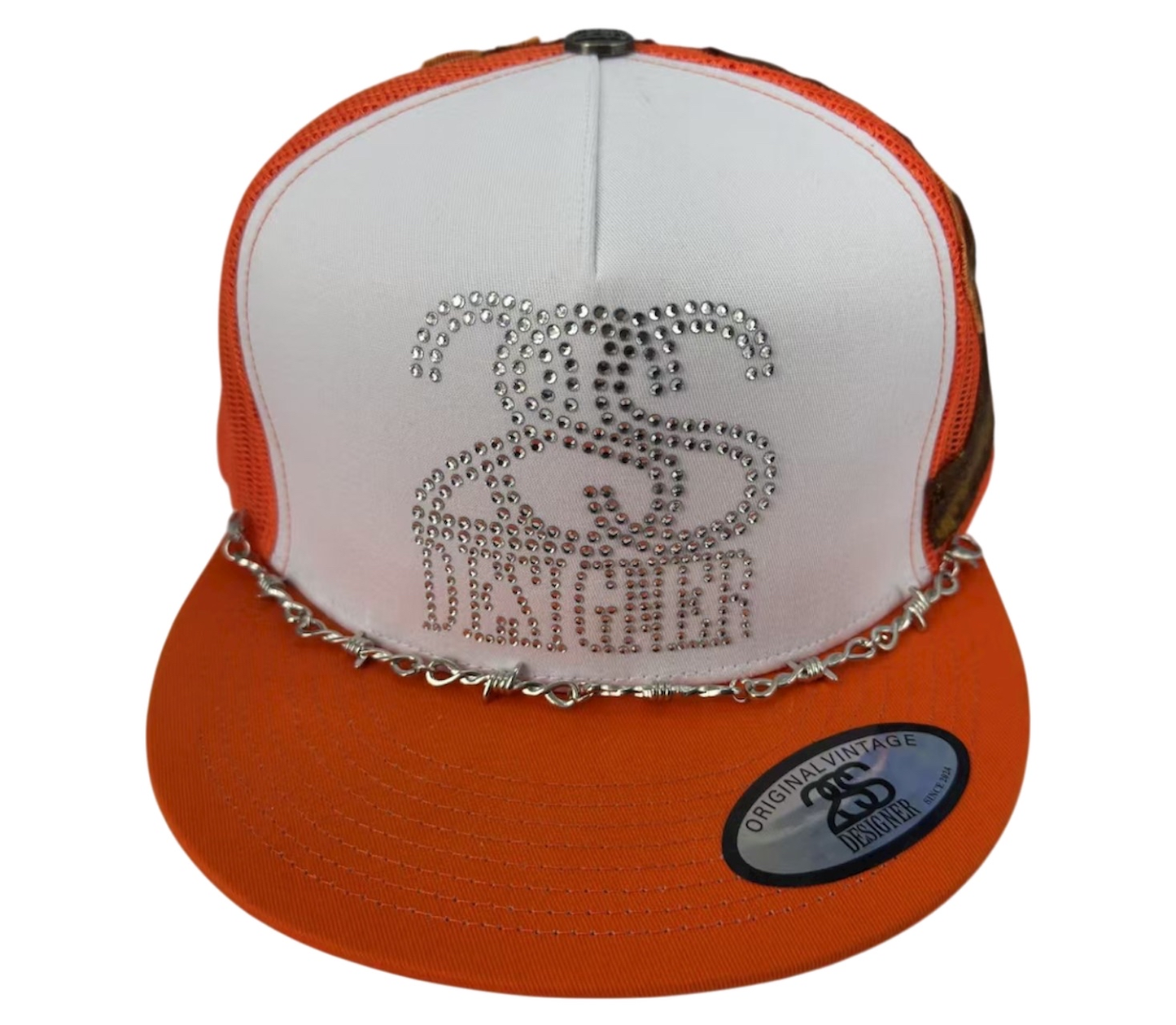2SS DESIGNER “Ice Link” Rhinestone Trucker Hat – ORANGE/WHITE Limited Edition