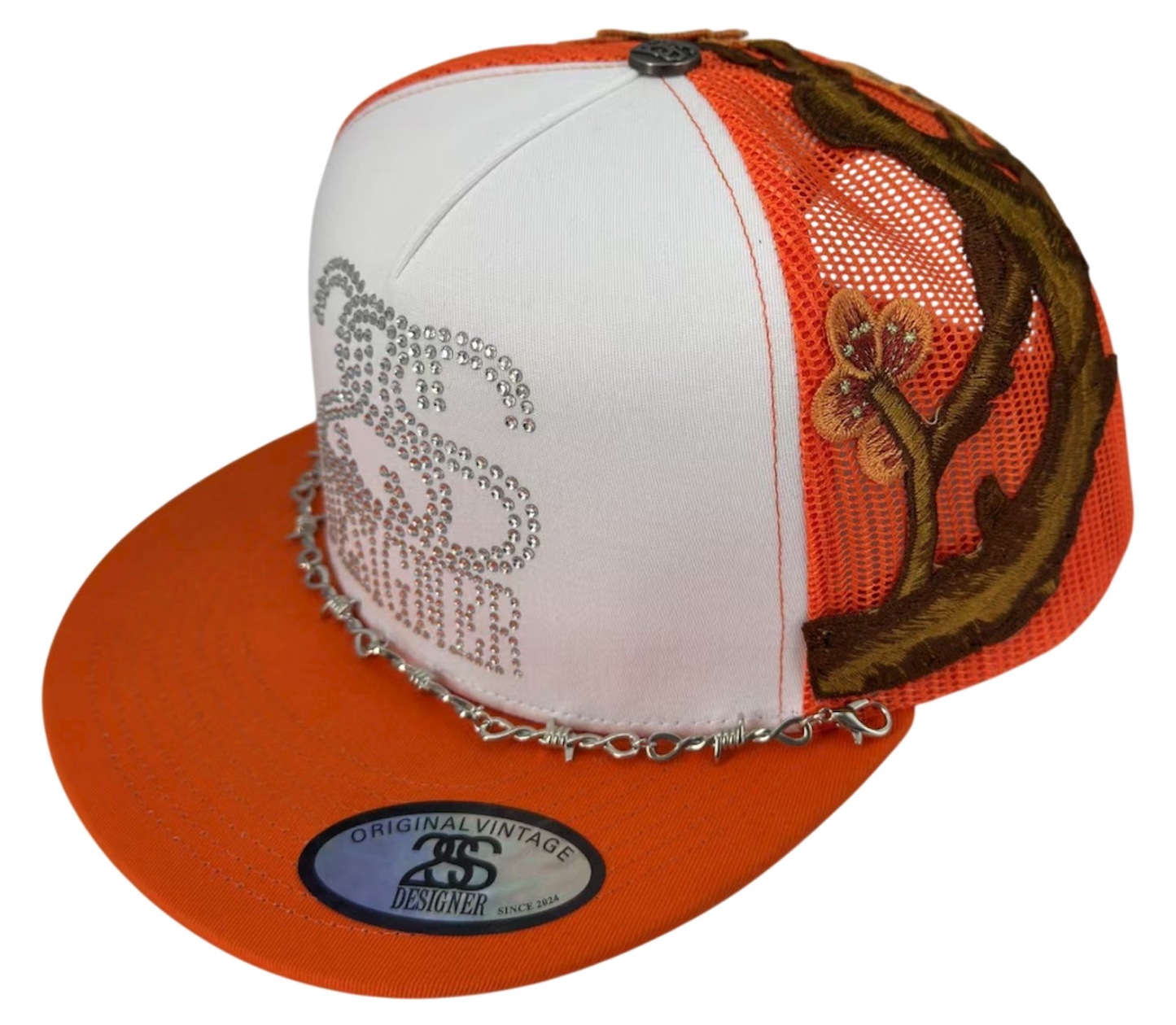 2SS DESIGNER “Ice Link” Rhinestone Trucker Hat – ORANGE/WHITE Limited Edition