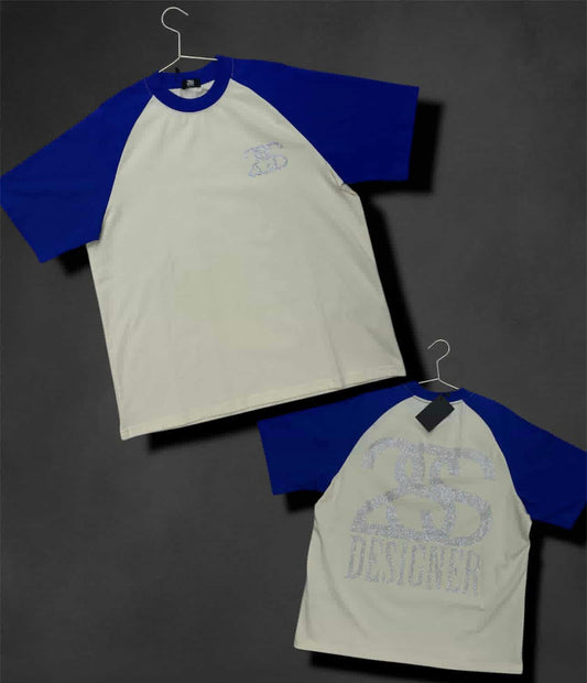 2SS DESIGNER “Ice Logo” Rhinestone Raglan Tee – blue/White