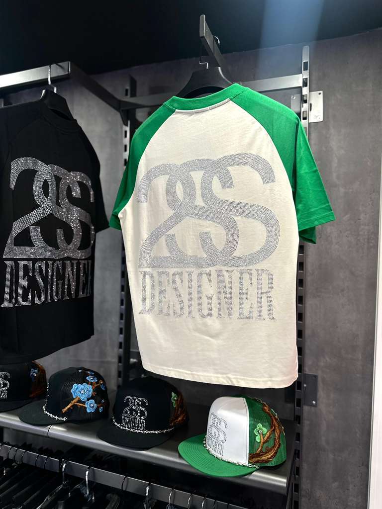 2SS DESIGNER “Ice Logo” Rhinestone Raglan Tee – Green/Off-White